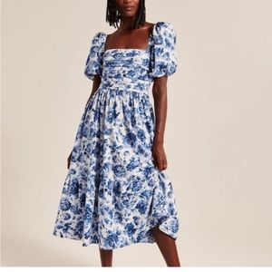 Ruched puff sleeve poplin midi dress